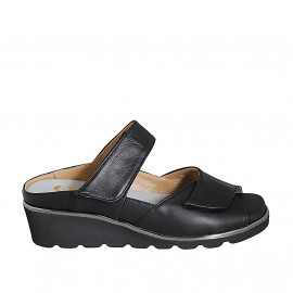 Woman's mules in black leather with velcro and removable insole with wedge heel 4 - Available sizes:  42, 43