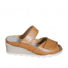 Woman's mules in cognac brown leather with velcro and removable insole wedge heel 5 - Available sizes:  32, 42, 43