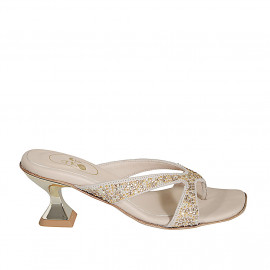 Woman's thong mules with multicolored crystal rhinestones in taupe suede heel 6 - Available sizes:  42