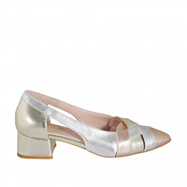 Woman's pointy pump with sidecuts in laminated platinum, silver and copper leather heel 4 - Available sizes:  32, 42, 44