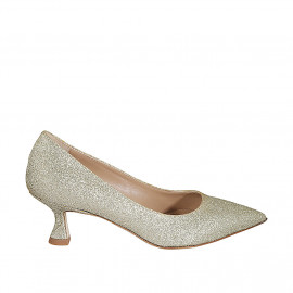 Woman's pointy pump in platinum glittered leather heel 5 - Available sizes:  32, 34, 42, 43, 44, 46, 47