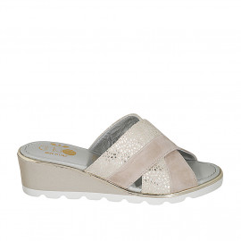 Woman's mule in taupe suede and platinum printed beige suede wedge heel 5 - Available sizes:  42, 43, 44