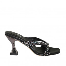 Woman's mules with crystal rhinestones in black suede heel 8 - Available sizes:  32, 42