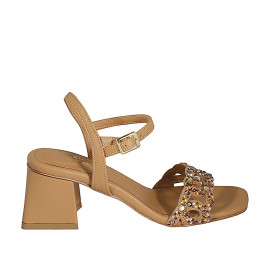 Woman's strap sandal with multicolored crystal rhinestones in cognac brown leather heel 6 - Available sizes:  32, 33, 42, 44, 45, 46