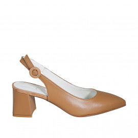 Chaussure ouverte au talon à bout pointu pour femmes en cuir cognac talon 6 - Pointures disponibles:  42, 43, 45