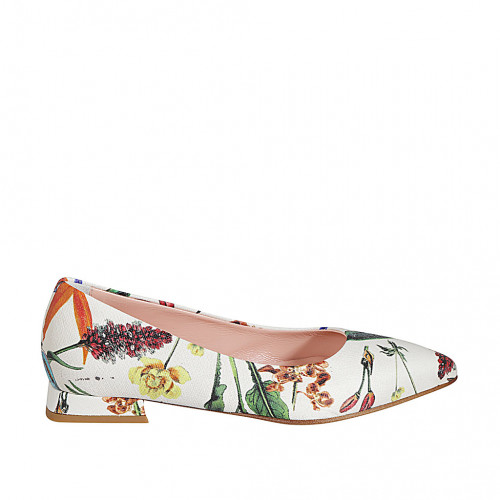 Woman's pointy ballerina shoe in white multicolored floral-printed leather heel 2 - Available sizes:  42