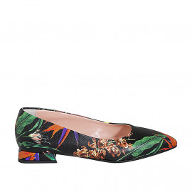 Zapato de salon a punta para mujer en piel negra imprimida floral multicolor tacon 2 - Tallas disponibles:  43