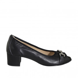 Woman's open toe shoe with accessory in black leather heel 4 - Available sizes:  32, 33, 34, 42, 43, 45, 46