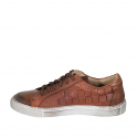 Zapato para hombre con cordones y plantilla extraible en piel y piel trensada cognac - Tallas disponibles:  37, 38, 46, 47, 48, 50