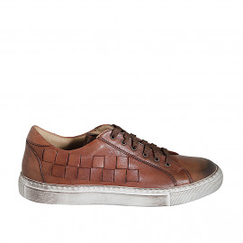 Chaussure à lacets pour hommes avec semelle amovible en cuir et cuir tressé cognac - Pointures disponibles:  37, 38, 46, 47, 48, 50