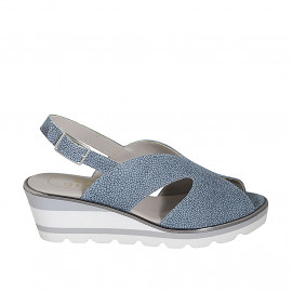 Woman's sandal in light blue printed leather wedge heel 5 - Available sizes:  42, 43, 44, 45