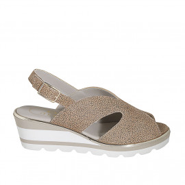 Woman's sandal in sand printed leather wedge heel 5 - Available sizes:  43, 44, 45