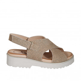 Woman's sandal in sand printed leather with velcro strap heel 3 - Available sizes:  33