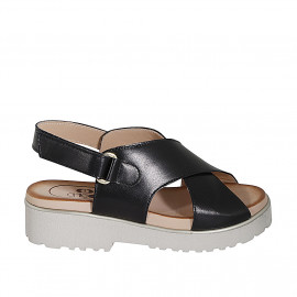 Woman's sandal with velcro strap in black leather heel 3 - Available sizes:  32, 42, 44