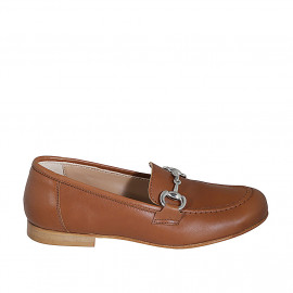 Woman's loafer with accessory in cognac brown leather heel 1 - Available sizes:  34, 43, 44