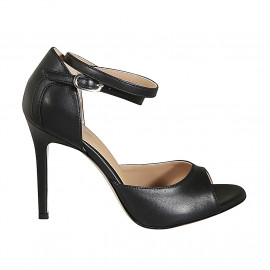 Chaussure ouverte pour femmes avec courroie à la cheville en cuir noir et talon aiguille 10 - Pointures disponibles:  33, 34, 42, 43