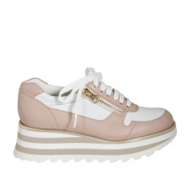 Woman's laced shoe with zippers in white and nude leather wedge heel 5 - Available sizes:  42, 43