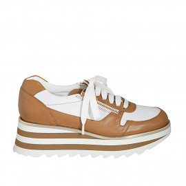 Woman's laced shoe with zippers in white and cognac brown leather wedge heel 5 - Available sizes:  44