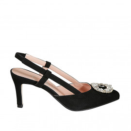 Woman's slingback pump in black suede with elastic band and rhinestones accessory heel 7 - Available sizes:  32