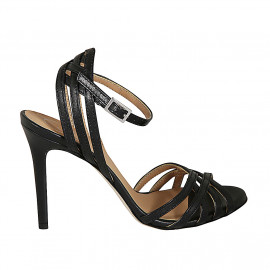 Woman's sandal with ankle strap and strips in black leather heel 10 - Available sizes:  34, 42, 43, 45