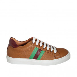 Men's laced shoe with removable insole in cognac brown, maroon and green leather - Available sizes:  36, 37, 38, 46, 47, 48, 49, 51