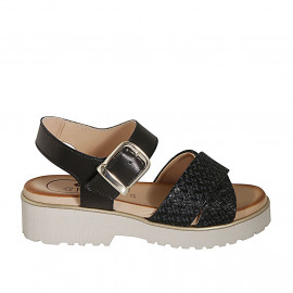 Woman's strap sandal in black leather and braided leather heel 4 - Available sizes:  42