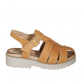 Woman's sandal with strap in cognac brown leather heel 3 - Available sizes:  32, 42, 43, 44