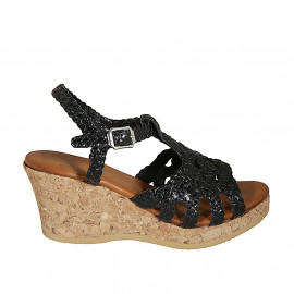 Woman's strap platform sandal in black braided leather wedge heel 7 - Available sizes:  33, 34, 42, 43, 44, 45