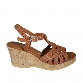 Woman's strap platform sandal in cognac brown braided leather wedge heel 7 - Available sizes:  42, 43, 44