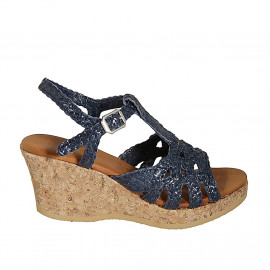 Woman's strap platform sandal in blue braided leather wedge heel 7 - Available sizes:  32, 33, 34, 42, 43, 44, 45