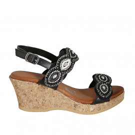 Woman's sandal in black leather with velcro straps, beads and wedge heel 7 - Available sizes:  43, 44, 45