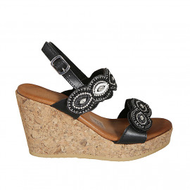 Woman's sandal in black leather with velcro straps and beads with wedge heel 9 - Available sizes:  33, 43, 44, 45