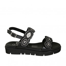 Woman's sandal in black leather with velcro straps, beads and wedge heel 3 - Available sizes:  33