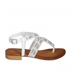 Woman's thong sandal in white leather with ankle strap and beads heel 2 - Available sizes:  32, 33, 43