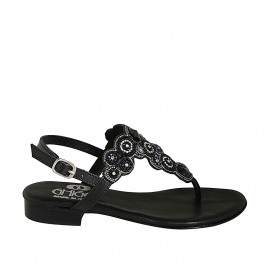 Woman's thong sandal in black leather with beads heel 2 - Available sizes:  32, 42, 43, 44