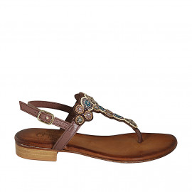 Woman's thong sandal in laminated brown leather with beads heel 2 - Available sizes:  33