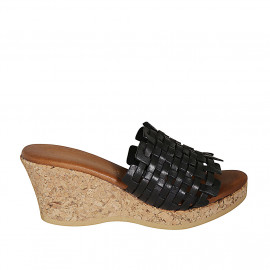 Woman's mules in black braided leather with platform and wedge heel 7 - Available sizes:  33, 42, 43