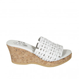 Woman's mules in white braided leather with platform and wedge heel 7 - Available sizes:  33, 43, 44