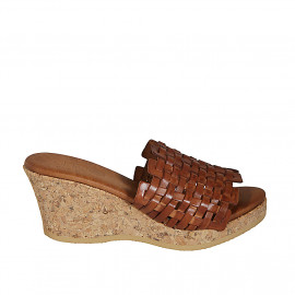 Woman's mules in cognac brown braided leather with platform and wedge heel 7 - Available sizes:  32, 42, 43