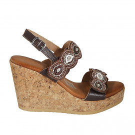 Woman's sandal in brown leather with velcro straps and beads with wedge heel 9 - Available sizes:  42, 43, 44, 45