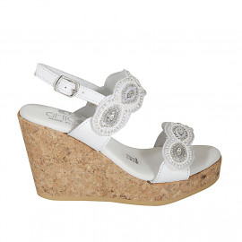 Woman's sandal in white leather with velcro straps and beads with wedge heel 9 - Available sizes:  42, 44, 45