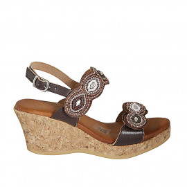 Woman's sandal in brown leather with velcro straps and beads with wedge heel 7 - Available sizes:  42, 43, 44