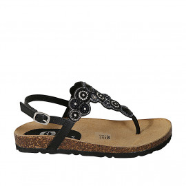 Woman's thong sandal in black leather with beads wedge heel 2 - Available sizes:  33, 34, 43, 44