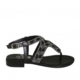 Woman's thong sandal in black leather with ankle strap and beads heel 2 - Available sizes:  32, 33, 34, 42, 43