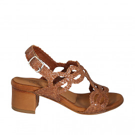 Woman's sandal in cognac brown braided leather heel 5 - Available sizes:  32, 43