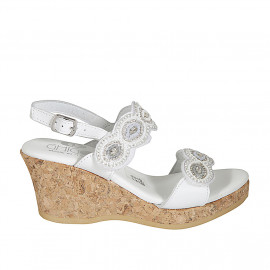 Woman's sandal in white leather with velcro straps and beads with wedge heel 7 - Available sizes:  42, 43