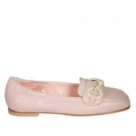 Woman's loafer with squared tip and accessory in light pink leather heel 1 - Available sizes:  32, 34, 42, 43