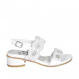 Woman's sandal in white leather with velcro straps and beads heel 4 - Available sizes:  32, 43