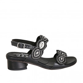 Woman's sandal in black leather with velcro straps and beads heel 4 - Available sizes:  42, 43