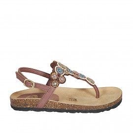 Woman's thong sandal in laminated brown leather with beads wedge heel 2 - Available sizes:  45